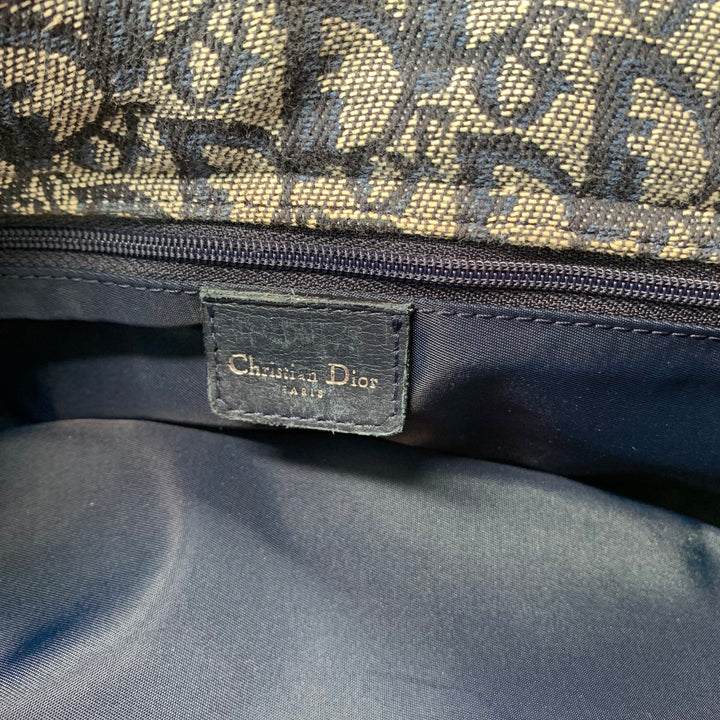 Dior Vintage Oblique Trotter Baguette Bag with D Charm Navy Blue Canvas
