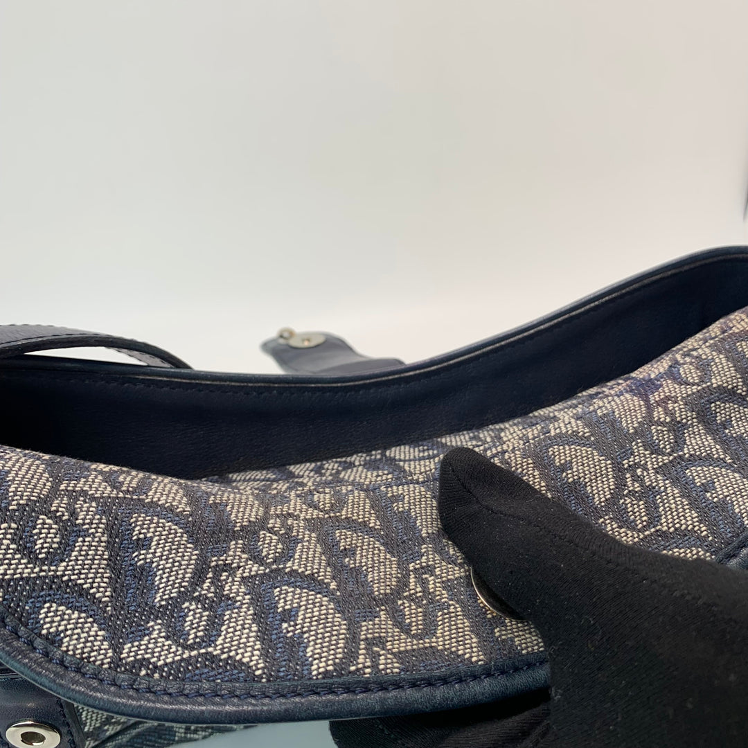 Dior Vintage Oblique Trotter Baguette Bag with D Charm Navy Blue Canvas