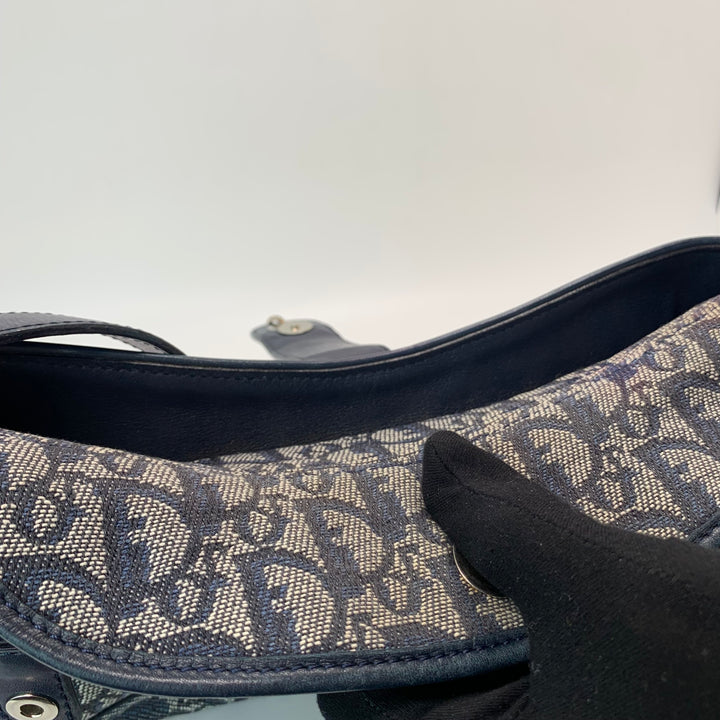 Dior Vintage Oblique Trotter Baguette Bag with D Charm Navy Blue Canvas