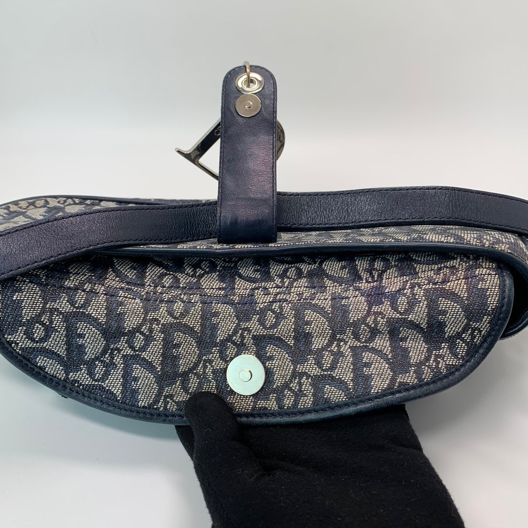 Dior Vintage Oblique Trotter Baguette Bag with D Charm Navy Blue Canvas