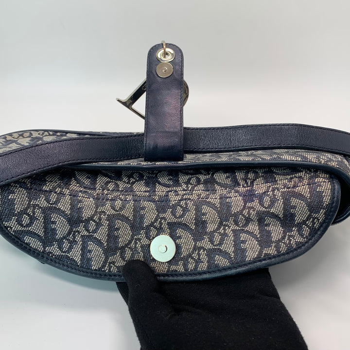 Dior Vintage Oblique Trotter Baguette Bag with D Charm Navy Blue Canvas