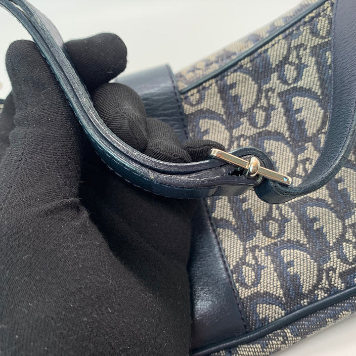 Dior Vintage Oblique Trotter Baguette Bag with D Charm Navy Blue Canvas