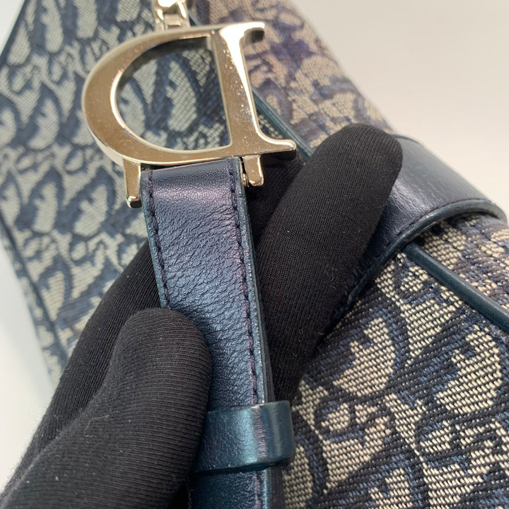 Dior Vintage Oblique Trotter Baguette Bag with D Charm Navy Blue Canvas
