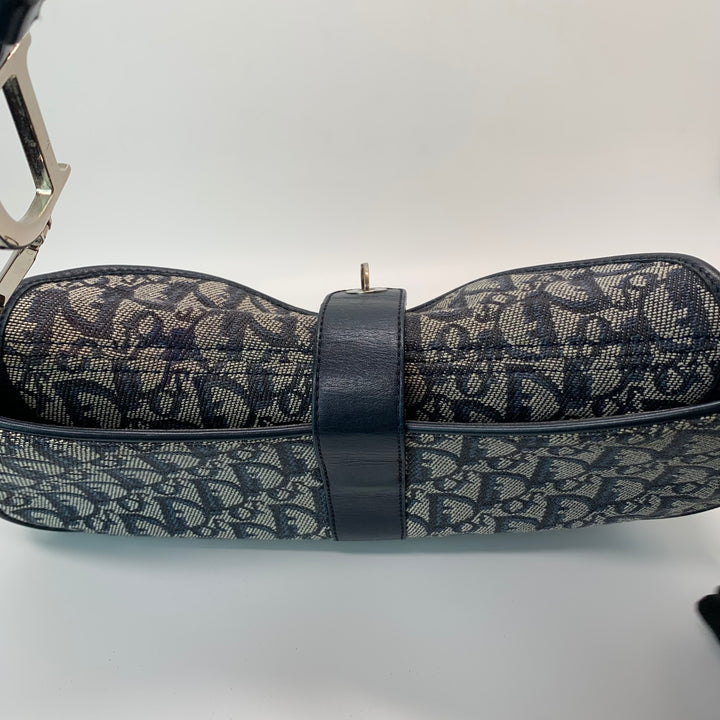 Dior Vintage Oblique Trotter Baguette Bag with D Charm Navy Blue Canvas