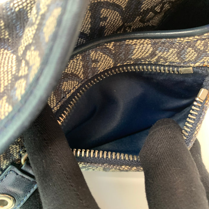 Dior Vintage Oblique Trotter Baguette Bag with D Charm Navy Blue Canvas