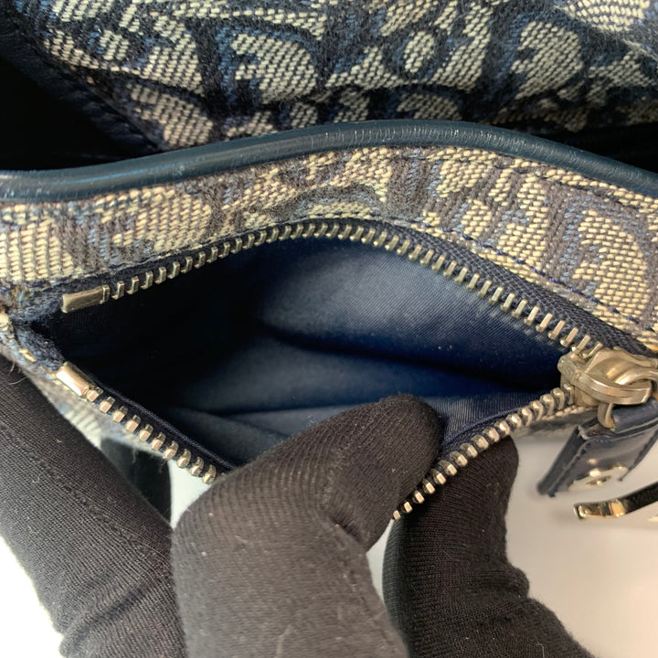 Dior Vintage Oblique Trotter Baguette Bag with D Charm Navy Blue Canvas