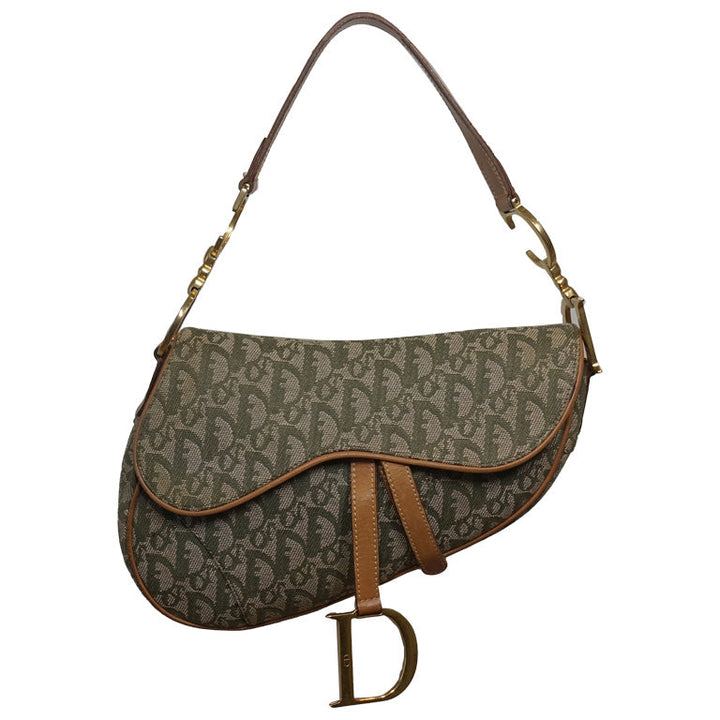 Authentic Vintage Dior Saddle bag in green canvas and gold hardware.