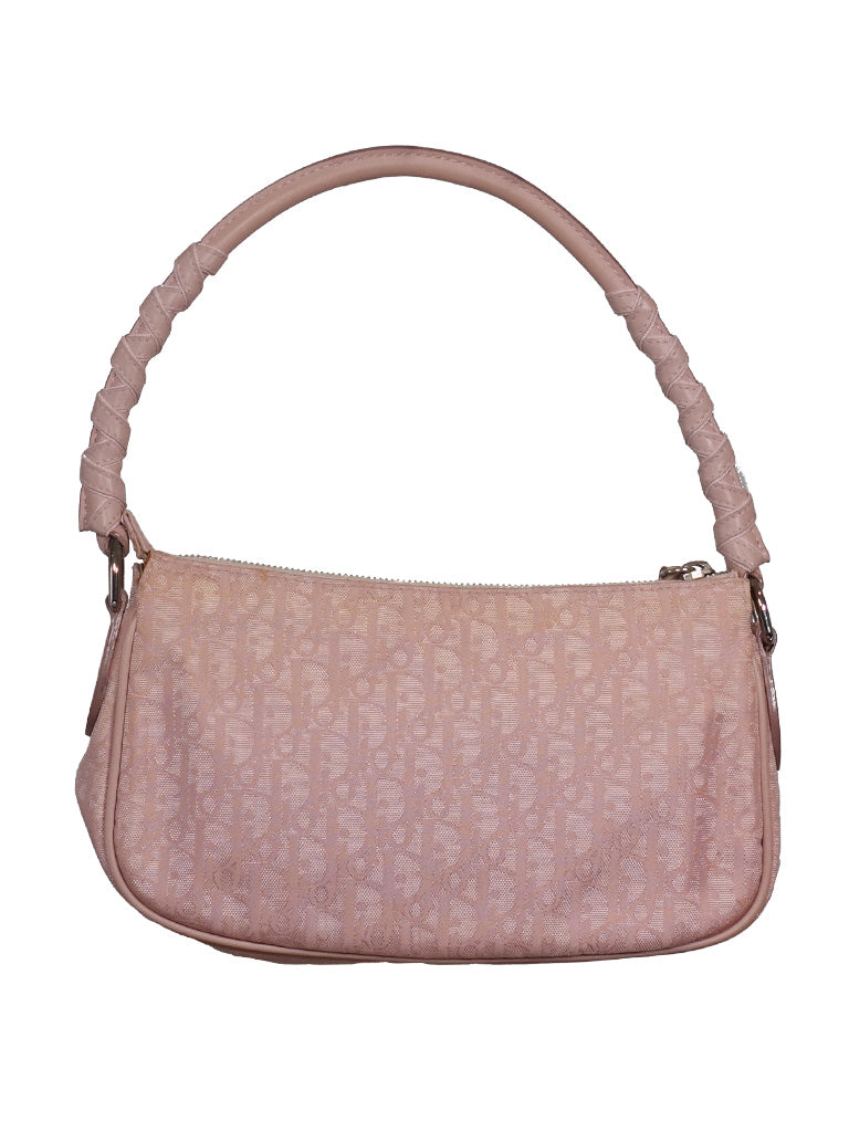Back view of the Vintage Dior Lovely shoulder bag with pink canvas.
