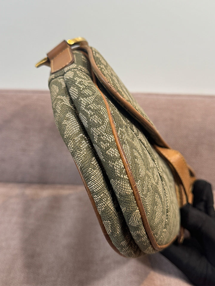 Dior Vintage Saddle Bag Green Canvas Gold Hardware