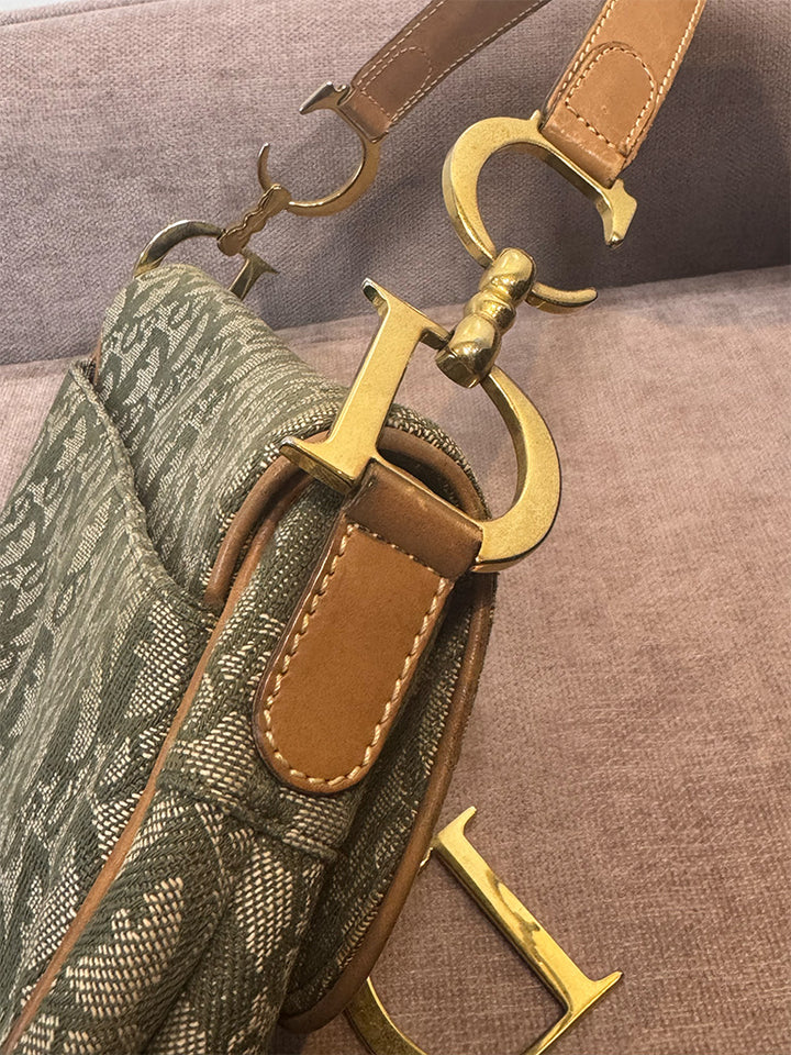 Dior Vintage Saddle Bag Green Canvas Gold Hardware