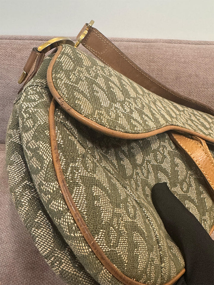 Dior Vintage Saddle Bag Green Canvas Gold Hardware