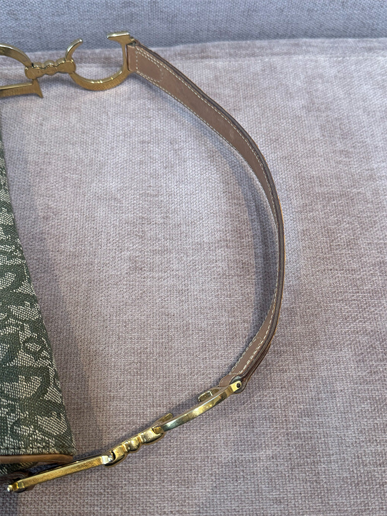 Dior Vintage Saddle Bag Green Canvas Gold Hardware