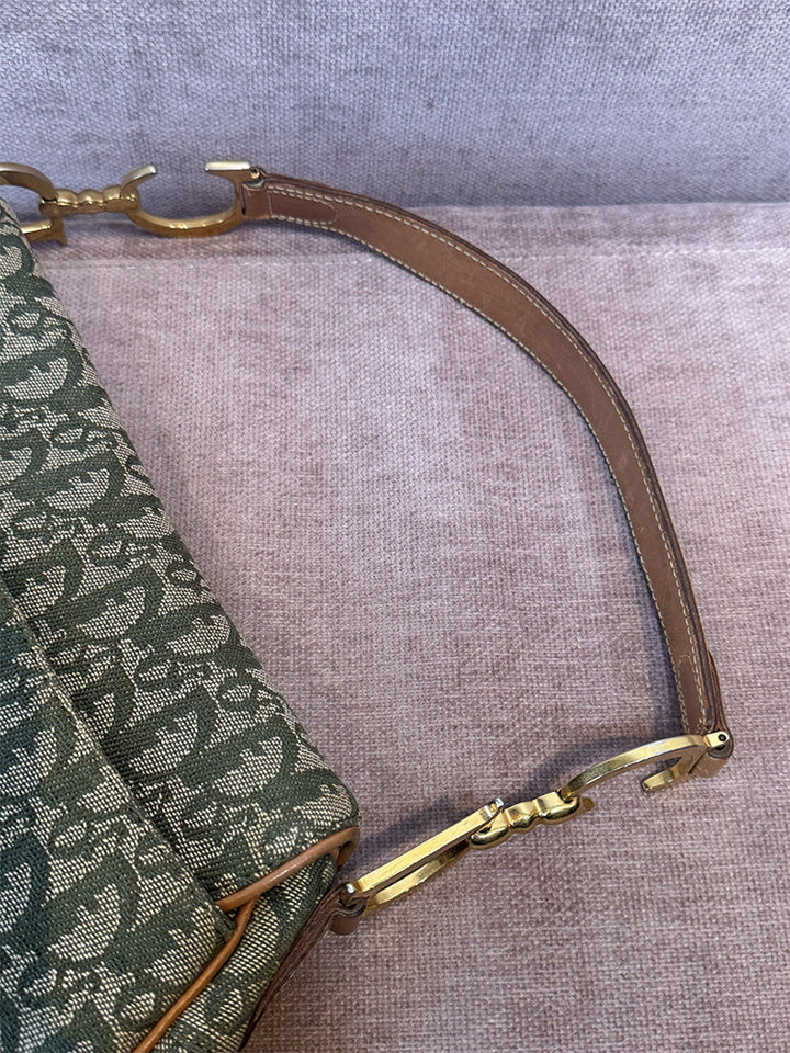Dior Vintage Saddle Bag Green Canvas Gold Hardware