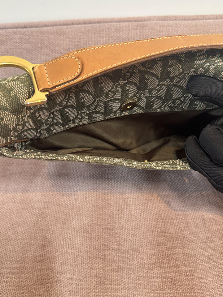Dior Vintage Saddle Bag Green Canvas Gold Hardware