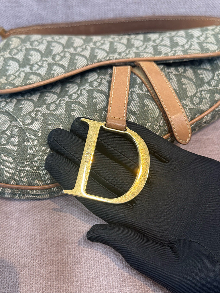 Dior Vintage Saddle Bag Green Canvas Gold Hardware