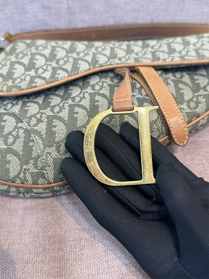 Dior Vintage Saddle Bag Green Canvas Gold Hardware
