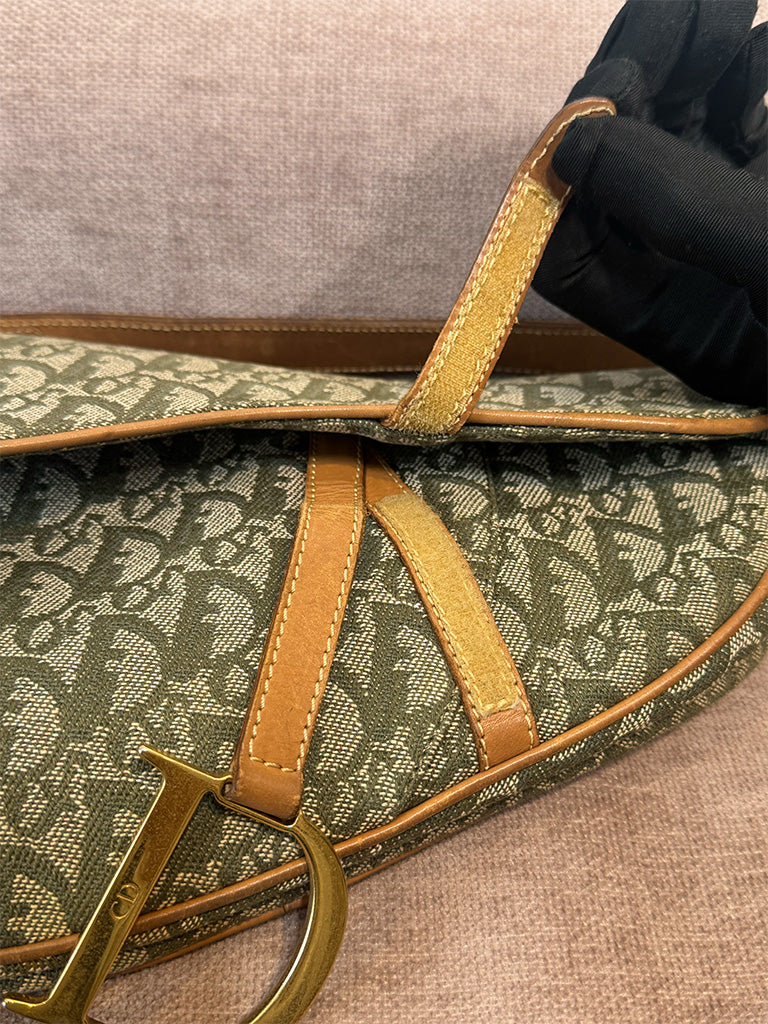 Dior Vintage Saddle Bag Green Canvas Gold Hardware