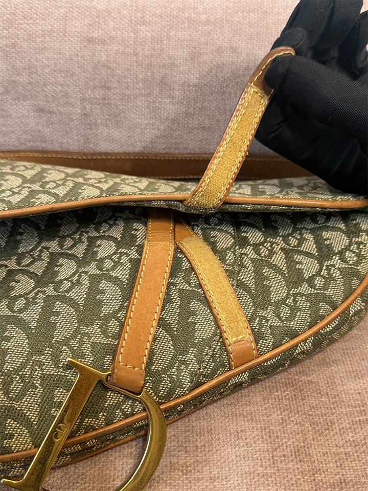 Dior Vintage Saddle Bag Green Canvas Gold Hardware