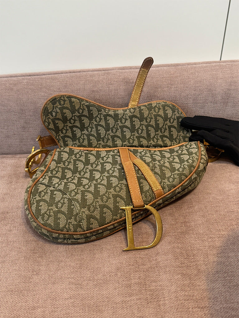 Dior Vintage Saddle Bag Green Canvas Gold Hardware