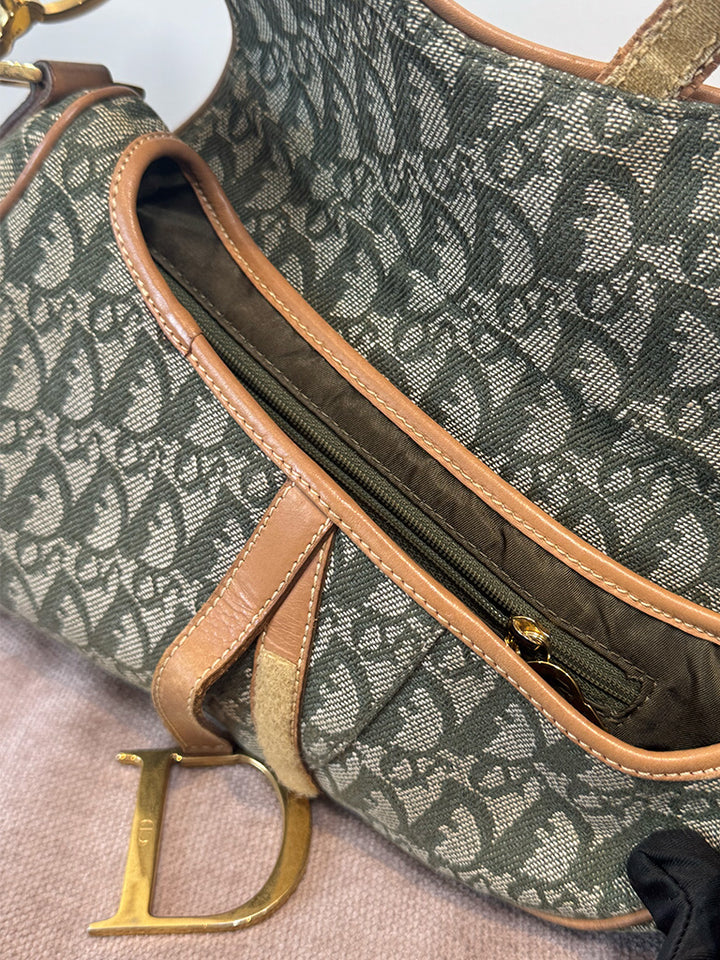 Dior Vintage Saddle Bag Green Canvas Gold Hardware