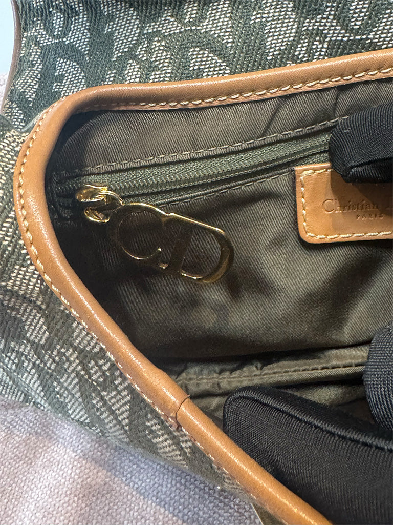 Dior Vintage Saddle Bag Green Canvas Gold Hardware