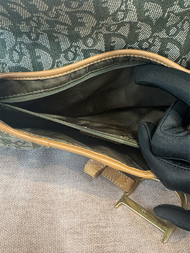 Dior Vintage Saddle Bag Green Canvas Gold Hardware
