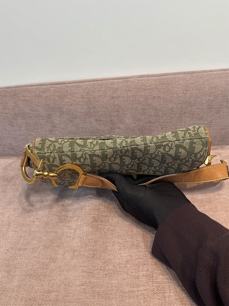 Dior Vintage Saddle Bag Green Canvas Gold Hardware
