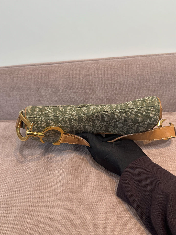 Dior Vintage Saddle Bag Green Canvas Gold Hardware
