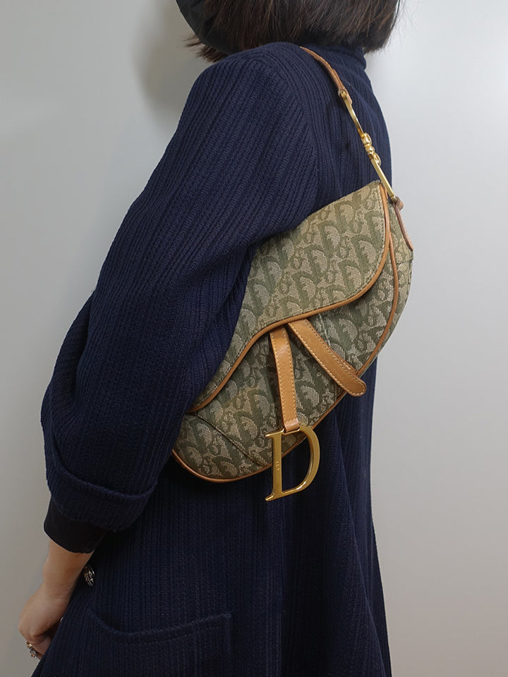 Dior Vintage Saddle Bag Green Canvas Gold Hardware
