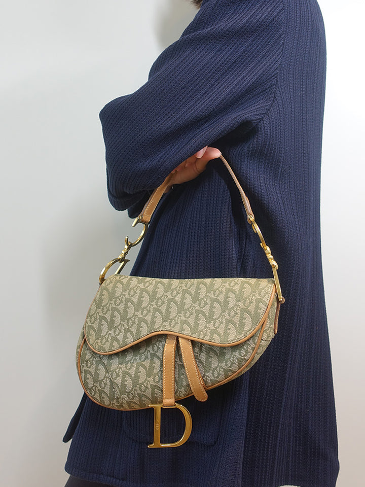 Dior Vintage Saddle Bag Green Canvas Gold Hardware