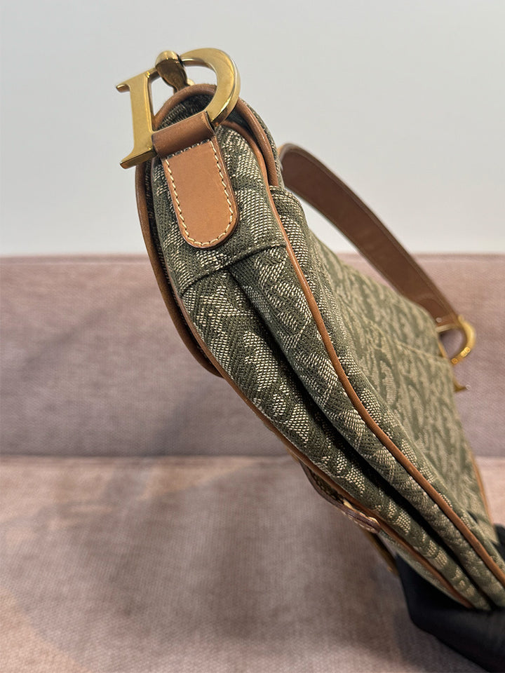 Dior Vintage Saddle Bag Green Canvas Gold Hardware