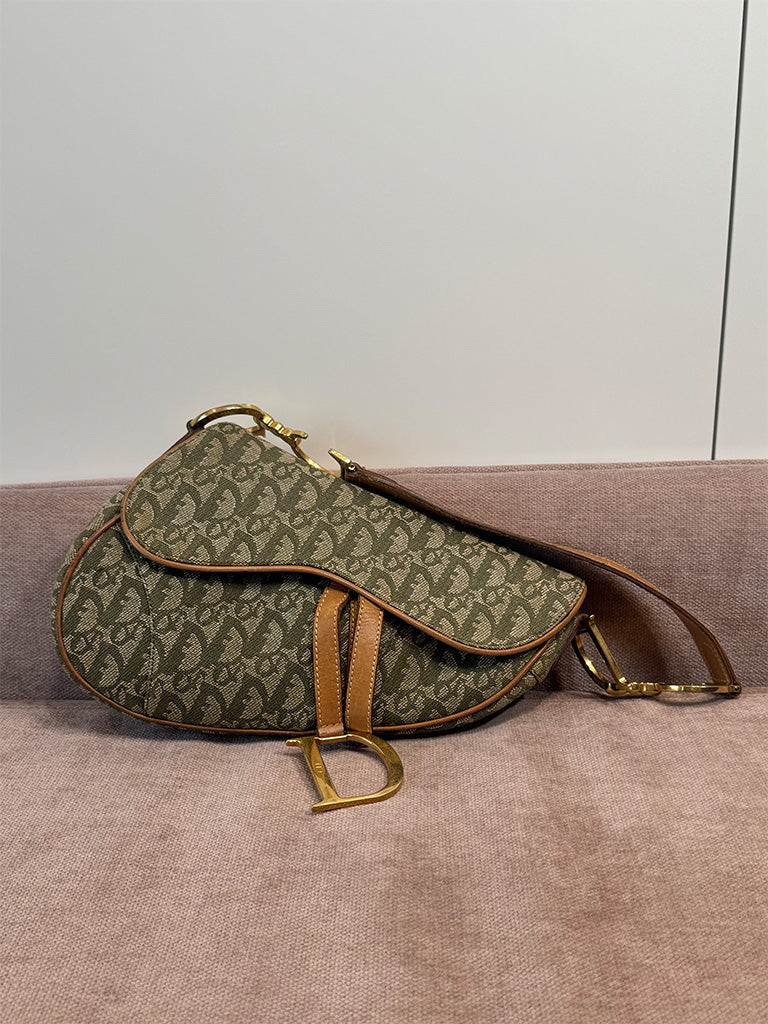 Dior Vintage Saddle Bag Green Canvas Gold Hardware