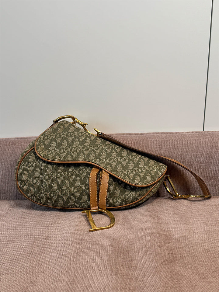 Dior Vintage Saddle Bag Green Canvas Gold Hardware