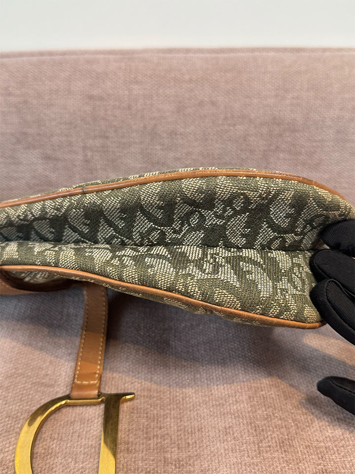 Dior Vintage Saddle Bag Green Canvas Gold Hardware