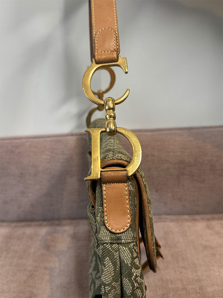 Dior Vintage Saddle Bag Green Canvas Gold Hardware
