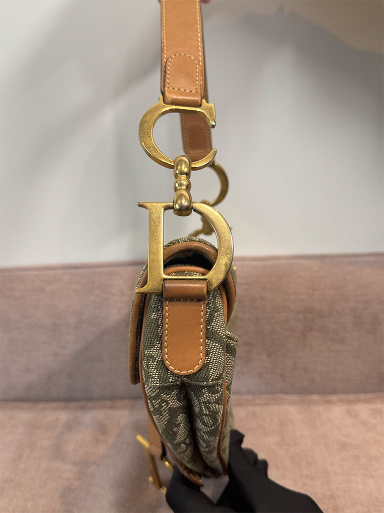 Dior Vintage Saddle Bag Green Canvas Gold Hardware