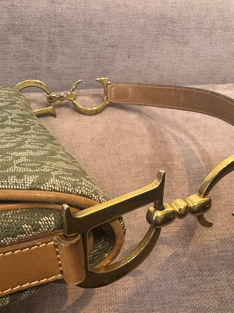 Dior Vintage Saddle Bag Green Canvas Gold Hardware