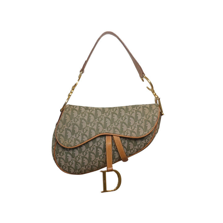 Dior Vintage Saddle Bag Green Canvas Gold Hardware