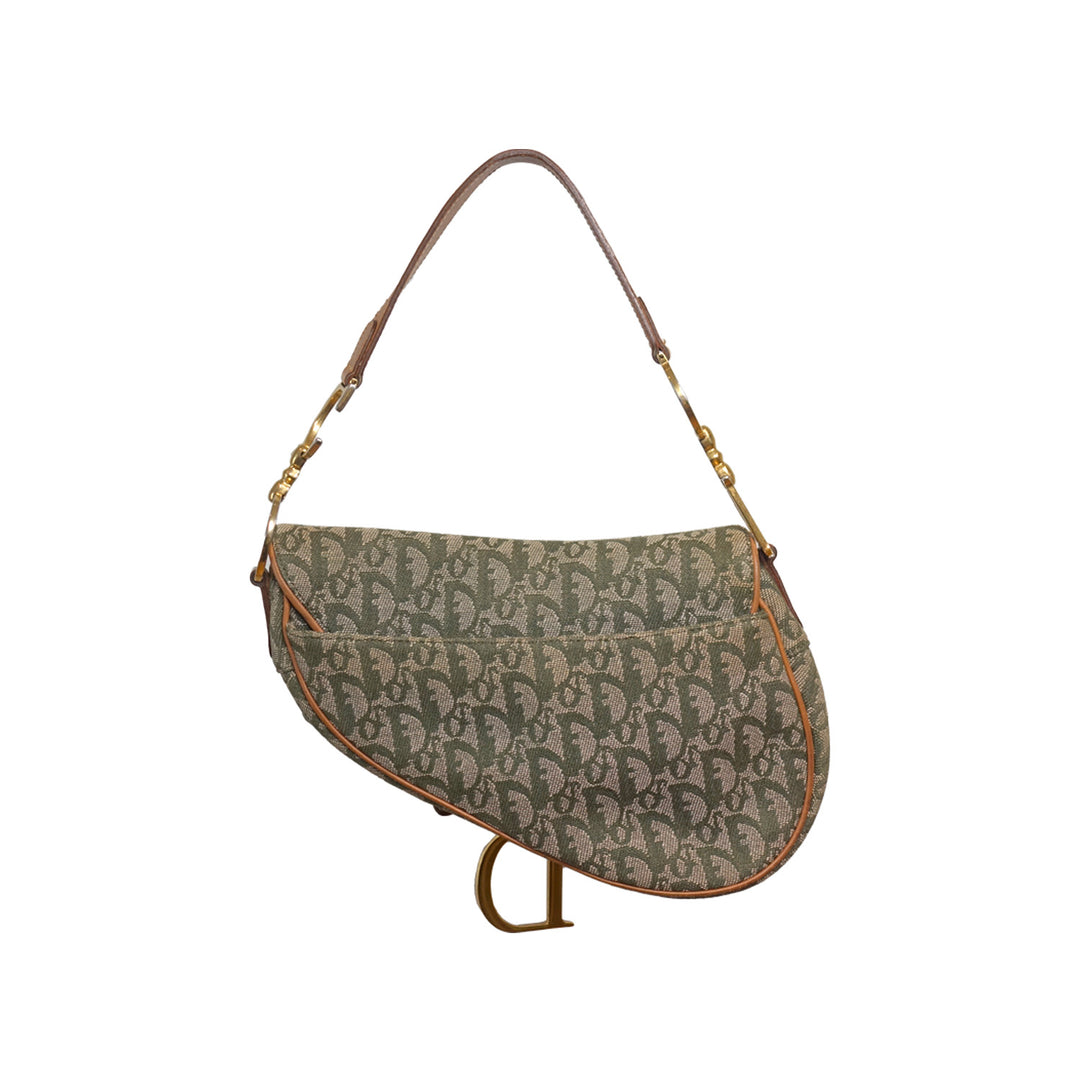 Dior Vintage Saddle Bag Green Canvas Gold Hardware