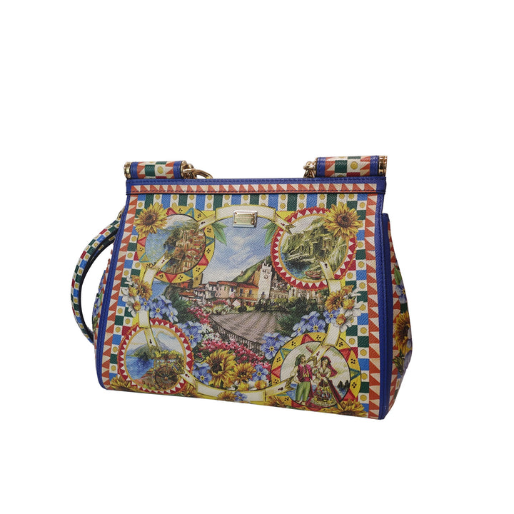 This chic handbag is crafted of leather with colourful print.
