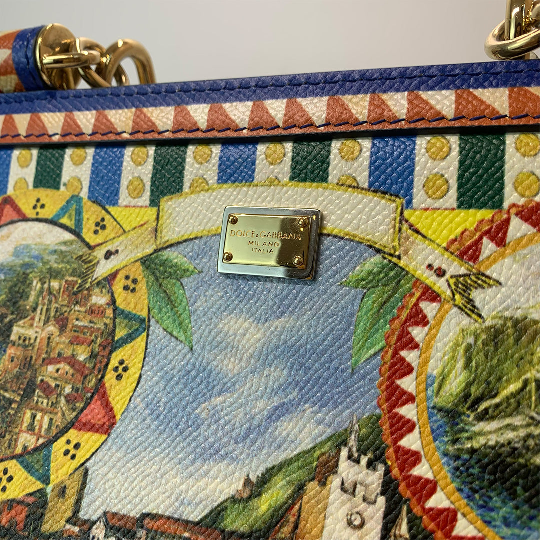Dolce & Gabbana Large Miss Sicily Bag Floral Village Print in Multi-Colour Leather