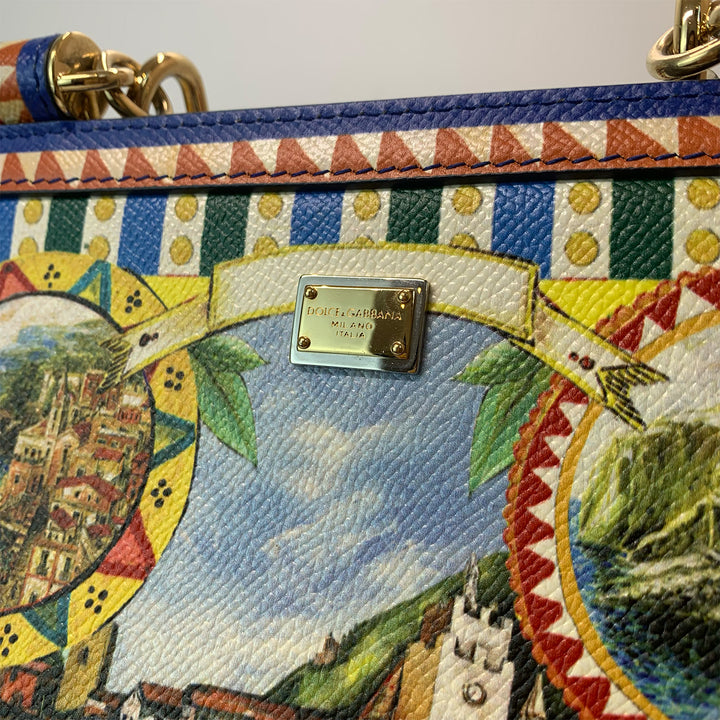 Dolce & Gabbana Large Miss Sicily Bag Floral Village Print in Multi-Colour Leather