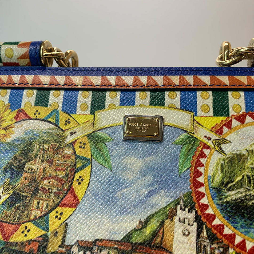 Dolce & Gabbana Large Miss Sicily Bag Floral Village Print in Multi-Colour Leather