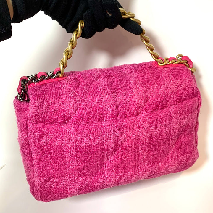 Chanel 2019 Tweed Quilted Medium 19 Flap Bag in Pink with Mixed Hardware