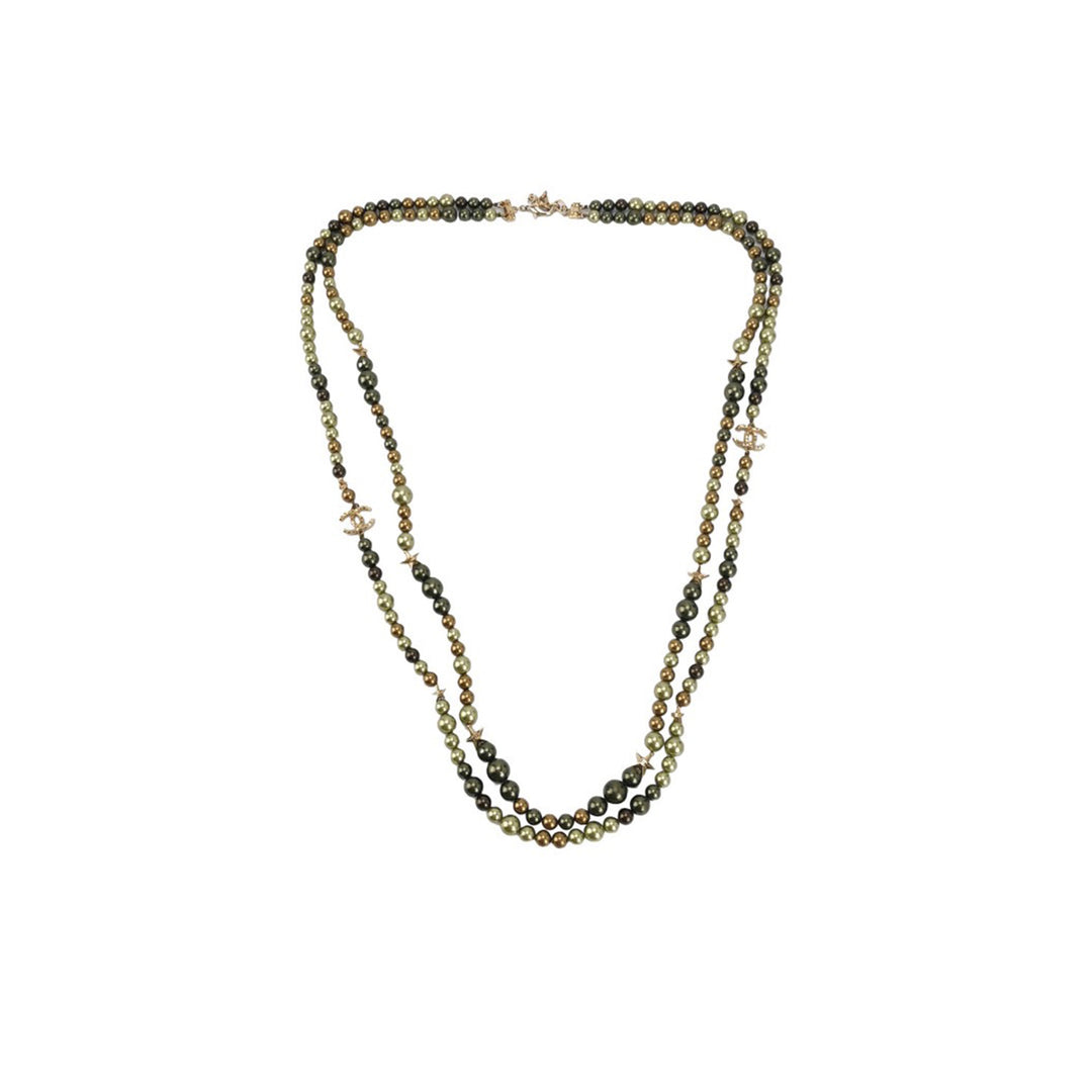 Chanel Pearl Star CC Multi Strand Long Necklace Green Gold