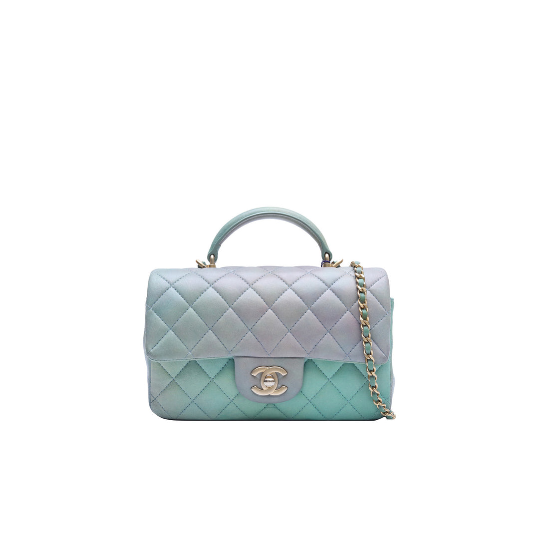 Chanel Lambskin Quilted Ombre Mini Top Handle Rectangular Flap Blue Green