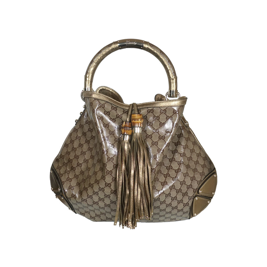 Gucci Indy Monogram Crystal Bag Brown Gold Hardware