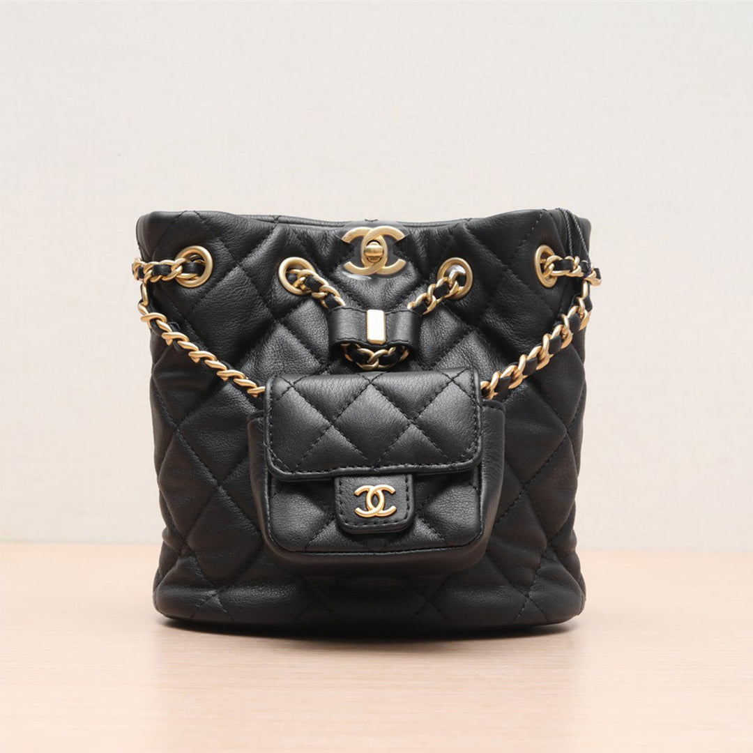 Chanel 23A Black Mini CC Logo Backpack with Gold Hardware