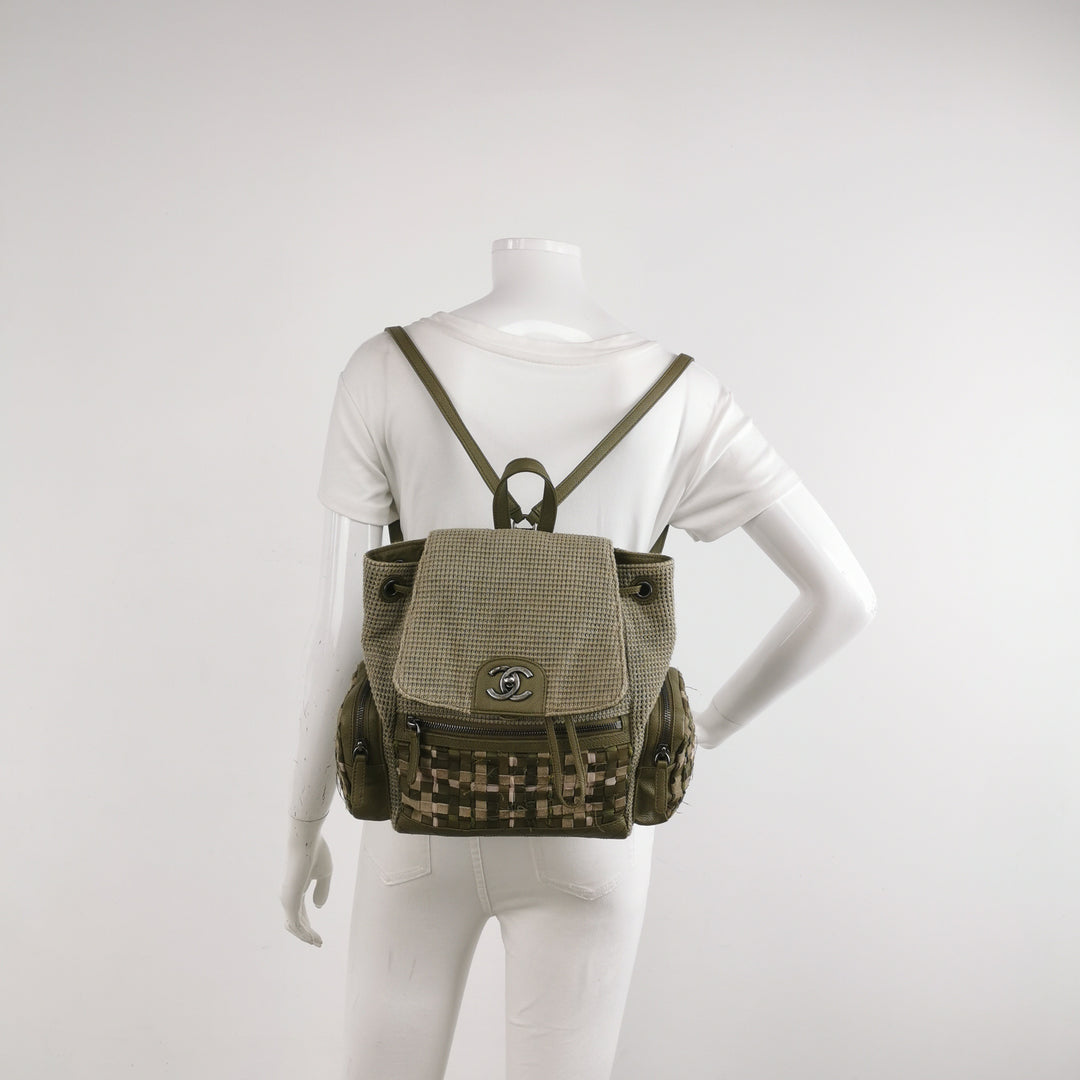 Chanel Cuba Pocket Backpack Tweed Canvas Khaki