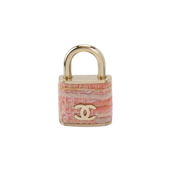 Chanel Tweed CC Oversized Padlock Pin Brooch Pink Gold
